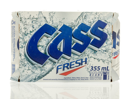 Winneconne, WI - 30 August 2016:  Six pack of Cass beer from South Korea on an isolated background.