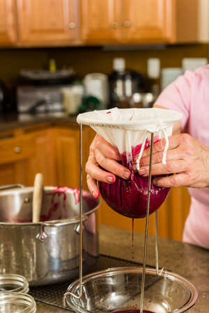 Pulp being pressed  thru a bag to separate the skins and seeds from the juice.