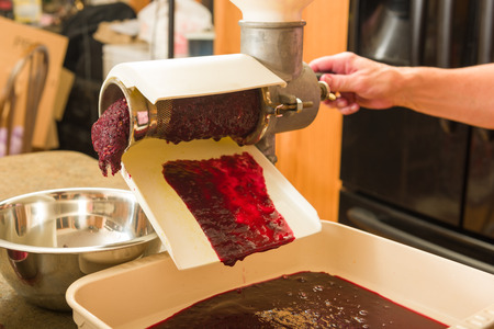 Grape pulp going thru a food mill to get more juice from straining thru a bag alone can,の写真素材