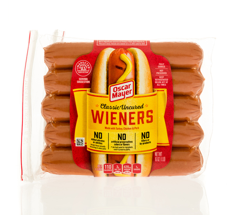 Winneconne, WI - 31 October 2017:  A package of Oscar Mayer classic uncured weiners on an isolated background.のeditorial素材