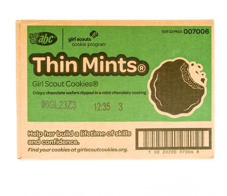 Winneconne, WI - 20 November 2017:  A case of Thin Mints girl scout cookies on an on an isolated...