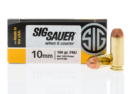 Winneconne, WI - 7 February 2018: A box of Sig Sauer 10mm ammunition on an isolated background.のeditorial素材