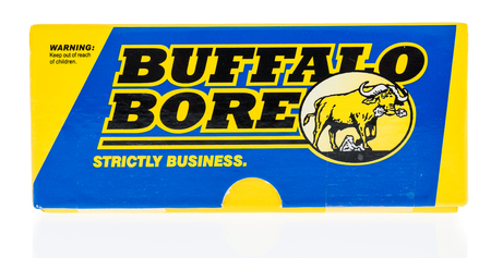 Winneconne, WI - 15 February 2018: A box of Buffalo Bore ammuntion on an isolated background.のeditorial素材