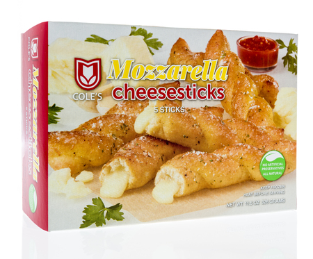 Winneconne, WI - 21 March 2018: A box of Coles Mozzarella cheesesticks on an isolated background.