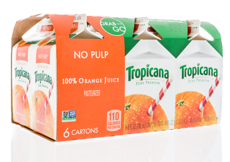 Winneconne, WI - 13 June 2018: A package of six cartons Tropicana grab and go orange juice  on an isolated background.のeditorial素材