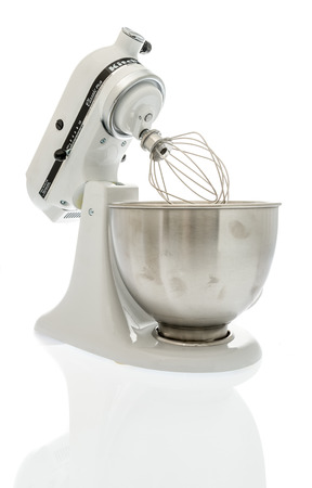 Winneconne, WI - 14 October 2018: A White Kitchen Aid mixer classic plus on an isolated backgroundのeditorial素材