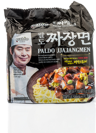 Winneconne, WI - 10 October 2018: A package of   Paldo Jjajangmen instant noodle with black bean sauce on an isolated backgroundのeditorial素材