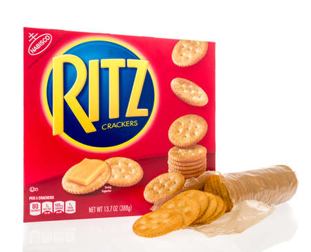 Winneconne, WI - 4 November 2018: A box of Ritz crackers with an open tube of crackers next to it on an isolated background.のeditorial素材