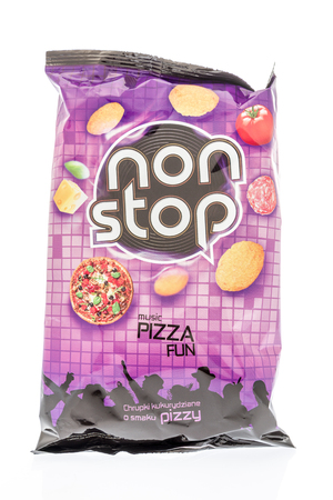 Winneconne, WI - 5 January 2019:  A package of Lapsy non stop pizza chips on an isolated background.のeditorial素材
