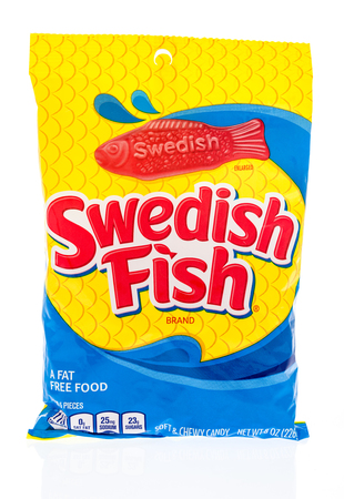 Winneconne, WI - 11 January 2019:  A bag of Swedish Fish candy on an isolated background.のeditorial素材