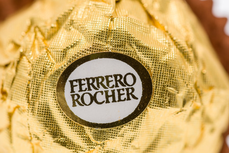 Winneconne, WI - 11 January 2019:  A close up image of Ferrero Rocher chocolate candy on an isolated background.のeditorial素材