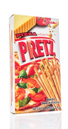 Winneconne, WI - 16 May 2019 : A package of Glico pizza pretz snack sticks on an isolated backgroundのeditorial素材