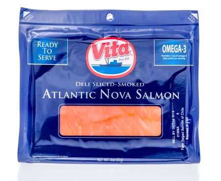 Winneconne, WI - 21 July 2019 : A package of Vita deli sliced Atantic nova salmon sandwich meat on an isolated backgroundのeditorial素材