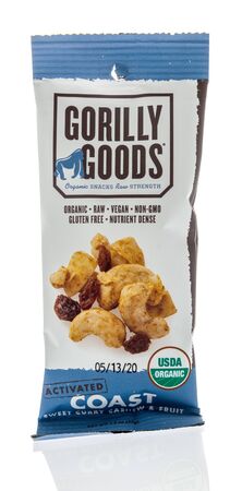 Winneconne, WI - 14 August 2019 : A package of Gorilly goods organic snacks raw strength snack mix on an isolated backgroundのeditorial素材