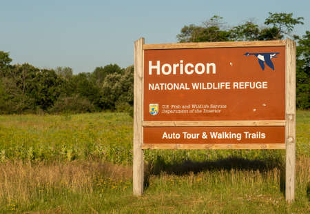 Horicon, WI - 4 July 2020:  A sign for Horicon National wildlife refuge area for auto tour and walking trailsのeditorial素材