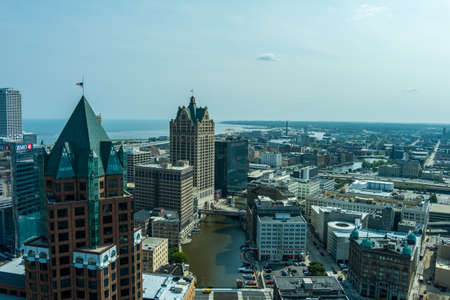 Milwaukee, WI: 23 September 2020:  An aerial image of downtown Milwaukee featuring skyscrapers riverwalkのeditorial素材
