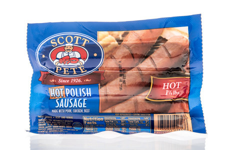 Winneconne, WI -9 January 2021: A package of Scott Pete hot polish sausage on an isolated background.のeditorial素材