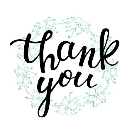 Hand lettering thank you and a floral wreath on white backgroundのイラスト素材