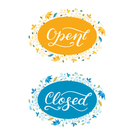 Open, closed. Handwritten word on colored background with floral frame.のイラスト素材