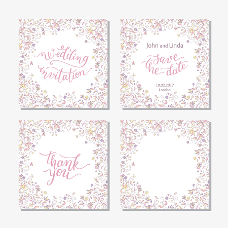 Wedding set template with flowers and hand lettering. Wedding invitation, thank you, save the date.のイラスト素材