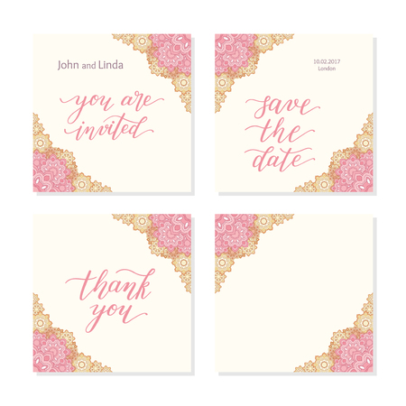 Wedding set template with flowers and hand lettering. You are invited, thank you, save the date.のイラスト素材