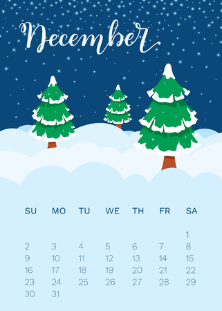 Calendar December 2018. Hand lettering and illustration with Christmas trees and snow.のイラスト素材