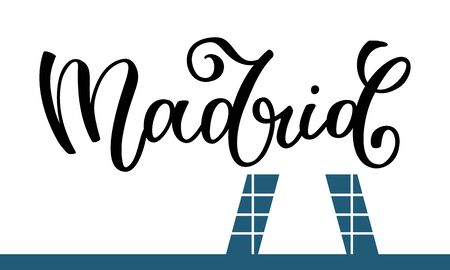 Hand lettering Madrid with a silhouette of falling skyscrapers. Template for card, poster, print.のイラスト素材