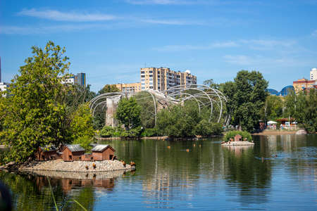 Moscow, Russia, August 11, 2018 - View of the pond in Moscow Zooのeditorial素材