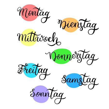 Lettering in German, days of the week - Monday, Tuesday, Wednesday, Thursday, Friday, Saturday, Sunday. Handwritten words for calendar, weekly plan, organizer.のイラスト素材