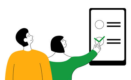 Online voting. A young family makes a choice. Flat illustration.