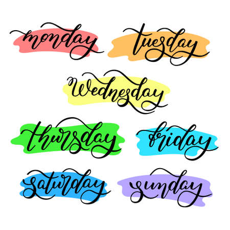 Lettering days of the week - Monday, Tuesday, Wednesday, Thursday, Friday, Saturday, Sunday. Handwritten words for calendar, weekly plan, organizer.のイラスト素材