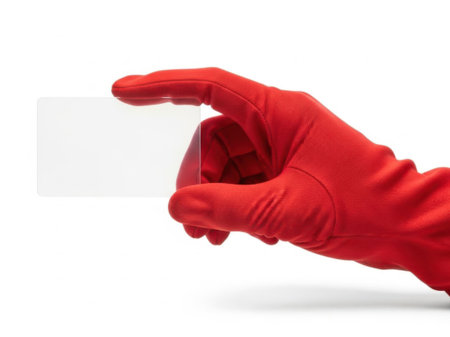 The image depicts a hand wearing a red glove, which is prominently displayed against a plain white background. The hand is holding a small, transparent object between its thumb and index finger. The red glove contrasts sharply with the white backdrop, making the hand and the object it holds the focal points of the image. The overall composition is simple and straightforward, emphasizing the glove and the object.の素材