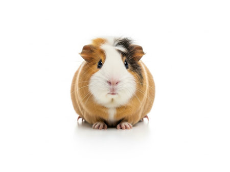 This image features a charming guinea pig with a light brown and white coat, sitting upright against a pristine white background. The guinea pig has a curious expression, with its small, dark eyes looking directly at the camera. Its fur is soft and fluffy, and it has distinctive markings on its head and ears. The simplicity of the background emphasizes the guinea pig's cute and endearing appearance, making it the focal point of the image.の素材