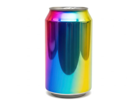 The image depicts a single soda can with a striking and vibrant rainbow-colored surface. The can features a gradient of colors, transitioning smoothly from red to orange, yellow, green, blue, and finally purple. The metallic finish of the can reflects light, enhancing the vividness of the colors. The can is positioned upright against a plain white background, making the colors stand out even more prominently. This visually appealing design could be indicative of a special edition or flavored beverage.の素材