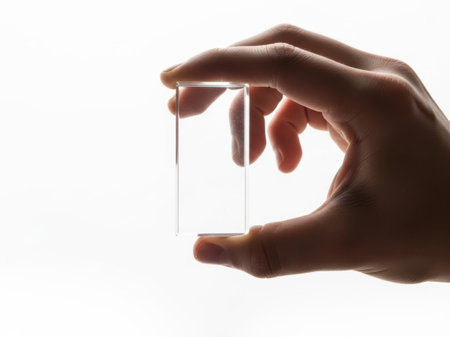 The image depicts a hand carefully holding a transparent cube against a bright light source. The cube's clarity allows the light to shine through, casting a distinct shadow on the hand and the surrounding area. The hand is positioned in such a way that the fingers gently grasp the edges of the cube, ensuring a secure hold. The overall scene is minimalistic, focusing solely on the interaction between the hand, the cube, and the light.の素材