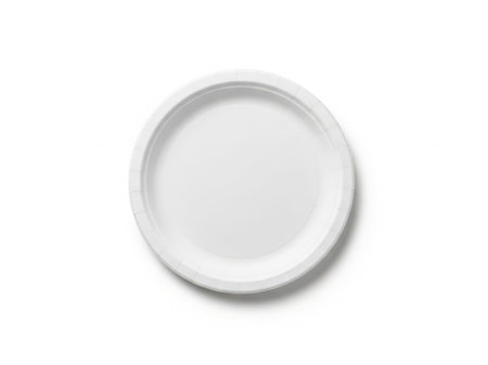 The image depicts a single, empty white ceramic plate resting on a plain, light-colored surface. The plate has a smooth, unblemished finish and a slightly raised rim. The lighting is soft and diffused, casting minimal shadows. The simplicity of the image evokes a sense of calm and minimalism.の素材