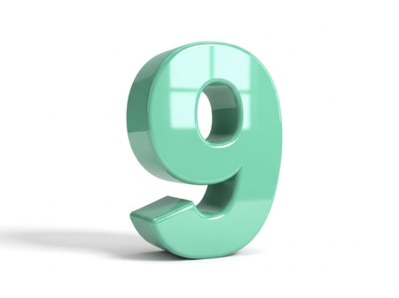 The image showcases a three-dimensional rendering of the number nine in a vibrant mint green color. The number is slightly tilted to the right, giving it a dynamic appearance. The surface of the number has a glossy finish, reflecting light and adding depth to the image. The background is a plain white, which contrasts with the green and makes the number stand out prominently.の素材