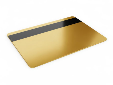 The image showcases a sleek and modern credit card with a predominantly gold finish. The card features a prominent black stripe running horizontally across its center. The gold surface reflects light, giving it a shiny and polished appearance. The card is set against a plain white background, which accentuates its metallic sheen and sophisticated design. The overall aesthetic is minimalistic and professional, suitable for financial or business contexts.の素材