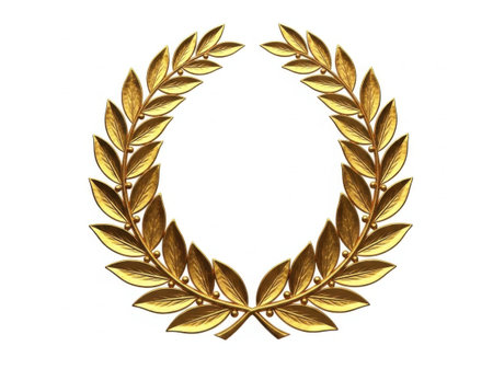 This image depicts a beautifully crafted golden laurel wreath. The wreath is composed of intricately designed leaves that are meticulously arranged in a circular pattern. The golden hue of the leaves adds a sense of elegance and prestige to the overall composition. Laurel wreaths have historically been associated with victory, honor, and achievement, making this image a powerful symbol of success and recognition. The simplicity of the background further accentuates the wreath, drawing attention to its detailed craftsmanship and symbolic significance.の素材