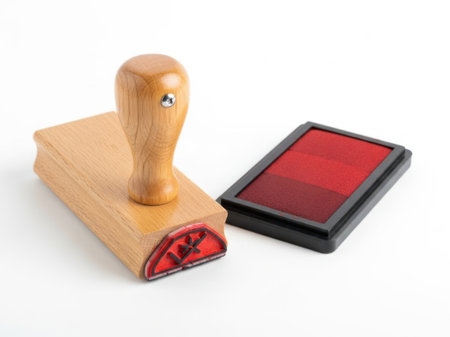The image depicts a wooden stamp with a red handle and a red ink pad placed on a white surface. The stamp has a circular design on its base, and the ink pad is rectangular with a gradient of red ink. The stamp's handle is made of wood and has a smooth finish, while the ink pad is housed in a black plastic case.の素材