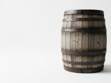 The image depicts a single, weathered wooden barrel standing upright against a plain white background. The barrel shows signs of age and use, with visible cracks and a faded, worn appearance. The metal hoops securing the staves are rusted, adding to the overall vintage aesthetic of the scene. The barrel is positioned slightly off-center, creating a sense of depth and space.の素材