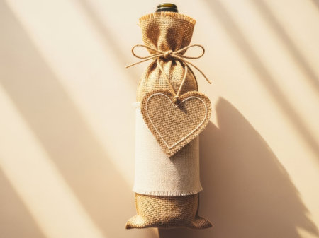 The image showcases a wine bottle elegantly wrapped in a burlap sack. The sack is tied with a rustic string bow at the top, adding a touch of charm. A small heart-shaped ornament, also made of burlap, hangs from the bow, enhancing the gift's aesthetic appeal. The overall presentation is simple yet sophisticated, perfect for a thoughtful gift. The background is a soft, neutral color, allowing the focus to remain on the beautifully wrapped wine bottle.の素材