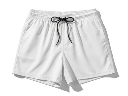 The image showcases a pair of pristine white drawstring shorts. The shorts feature a sleek and minimalist design, perfect for casual wear. The waistband is elasticated, providing a comfortable fit. A notable detail is the black drawstring tied into a neat bow at the front, adding a touch of sophistication and style. The shorts appear to be made from a lightweight fabric, ideal for warm weather. The overall look is clean and modern, suitable for a variety of casual settings.の素材