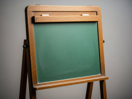The image showcases a wooden easel standing upright against a plain wall. The easel features a green chalkboard that is currently empty. The top of the easel has a wooden tray with two small pieces of paper attached to it. The easel's legs are sturdy and provide support for the board. The overall setting appears to be simple and functional, likely used for educational or artistic purposes.の素材