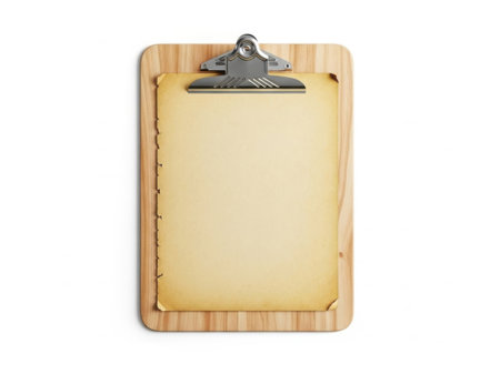 The image features a wooden clipboard with a metal clip at the top. The clipboard holds a blank piece of paper, which is centered and secured by the metal clip. The wooden surface of the clipboard has a natural grain pattern, and the paper appears to be standard size, ready for writing or drawing. The overall setting is simple and clean, emphasizing the clipboard and paper.の素材
