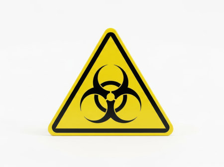 The image depicts a universally recognized biohazard symbol set against a bright yellow triangular background. The biohazard symbol consists of interconnected black shapes resembling a stylized biological hazard warning. The sign is prominently displayed against a plain, light-colored background, making the warning stand out clearly. This type of sign is commonly used to indicate the presence of biological materials that could pose a risk to health and safety.の素材