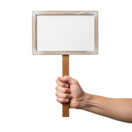 The image depicts a hand holding a blank sign board. The sign board is rectangular with a wooden handle attached to it. The background is plain white, putting the focus entirely on the sign and the hand holding it. The hand is gripping the wooden handle firmly, suggesting readiness to display a message or protest. The sign itself is empty, waiting to be filled with text or symbols.の素材
