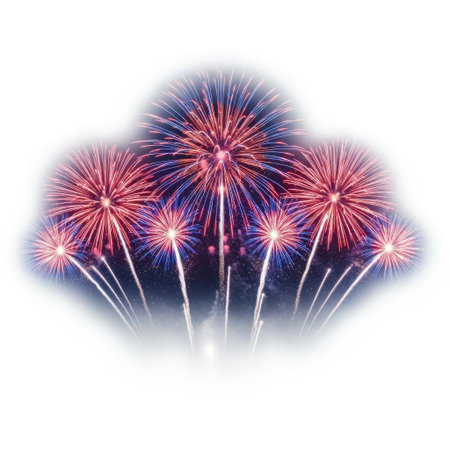 The image captures a breathtaking display of fireworks lighting up the night sky. Multiple bursts of fireworks in various colors, including red, blue, and white, create a stunning spectacle. The fireworks are arranged in a symmetrical pattern, with each burst emitting radiant sparks that form intricate designs. The dark background contrasts beautifully with the bright, colorful explosions, making the scene even more captivating. This display is likely part of a celebration or festival, adding to the festive atmosphere.の素材
