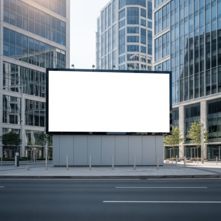 This image features a blank billboard situated in an urban environment, surrounded by modern skyscrapers and office buildings. The billboard is prominently displayed in the center of the image, isolated on a white background. The scene includes a wide street and some bollards in the foreground, emphasizing the commercial and business nature of the area.の素材