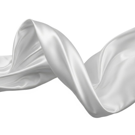 This image features a close-up view of a satin fabric swirl isolated on a white background. The smooth, glossy texture of the satin is prominently displayed, creating an elegant and sophisticated visual effect. The image is ideal for use in design, fashion, or decorative contexts.の素材